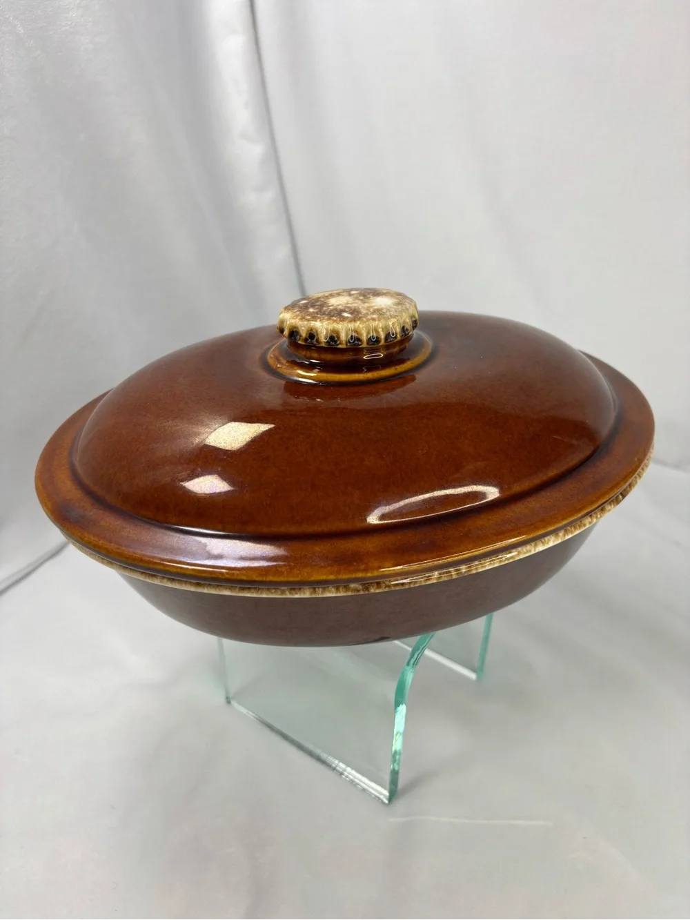 Vintage H.P. Co Oven Proof Covered Casserole Dish USA Brown Drip Glaze Stoneware